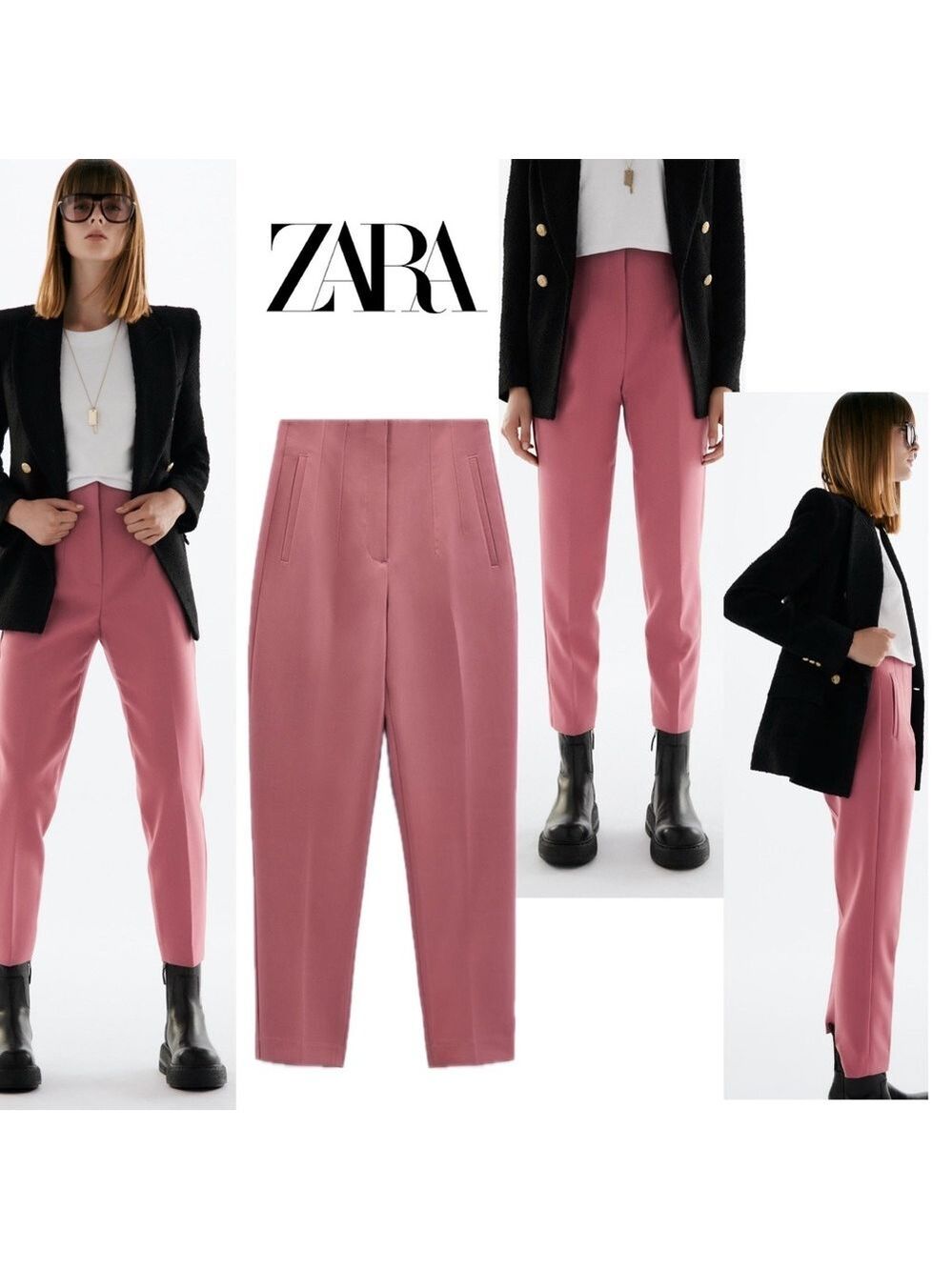 Zara dusty rose pink high waisted slim leg ankle length pants welt pockets Sz L